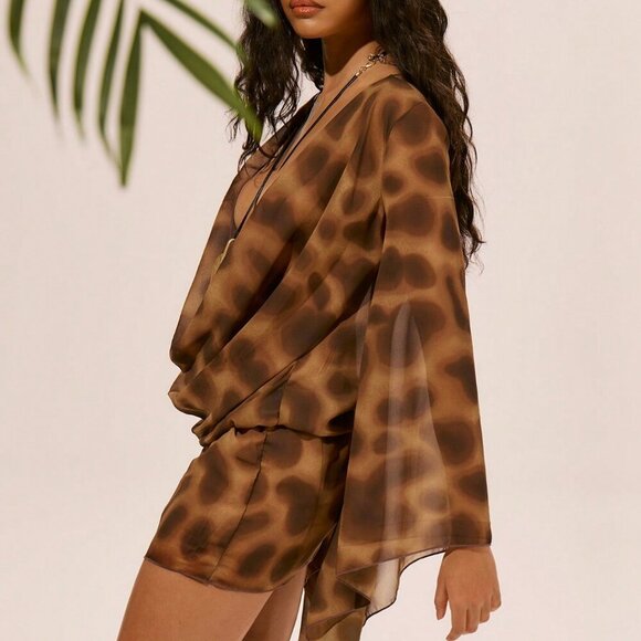 Coffee Brown Women's sheer Chiffon Long Sleeve Plunge Cowl Neck ultra Mini Dress - Picture 2 of 5